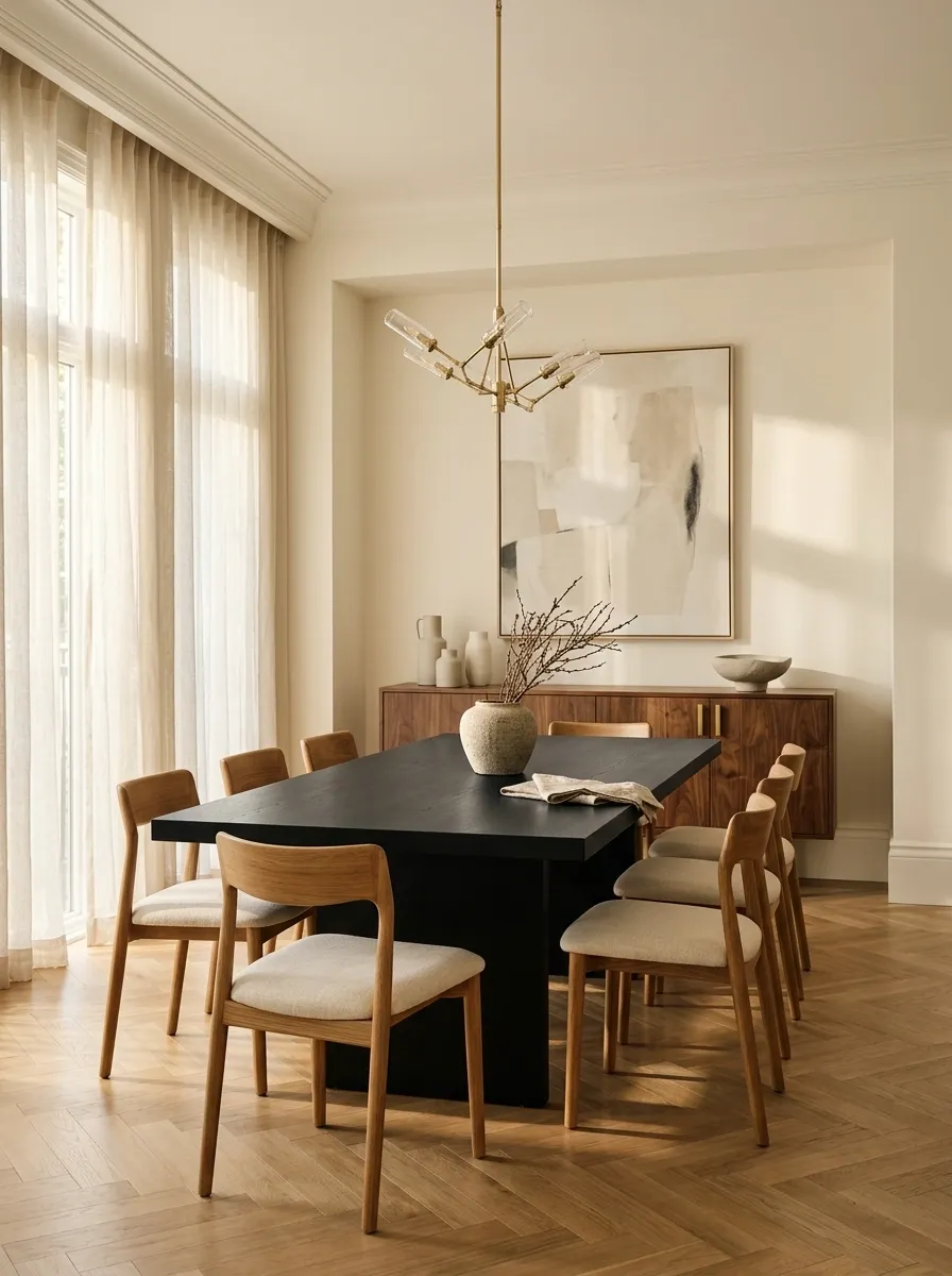 Build a Black-and-Cream Dining Room With One Wood Tone