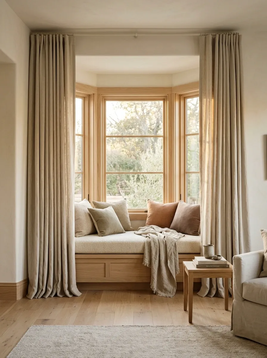Built-In Bay Window Seat Framed by Full-Length Drapes