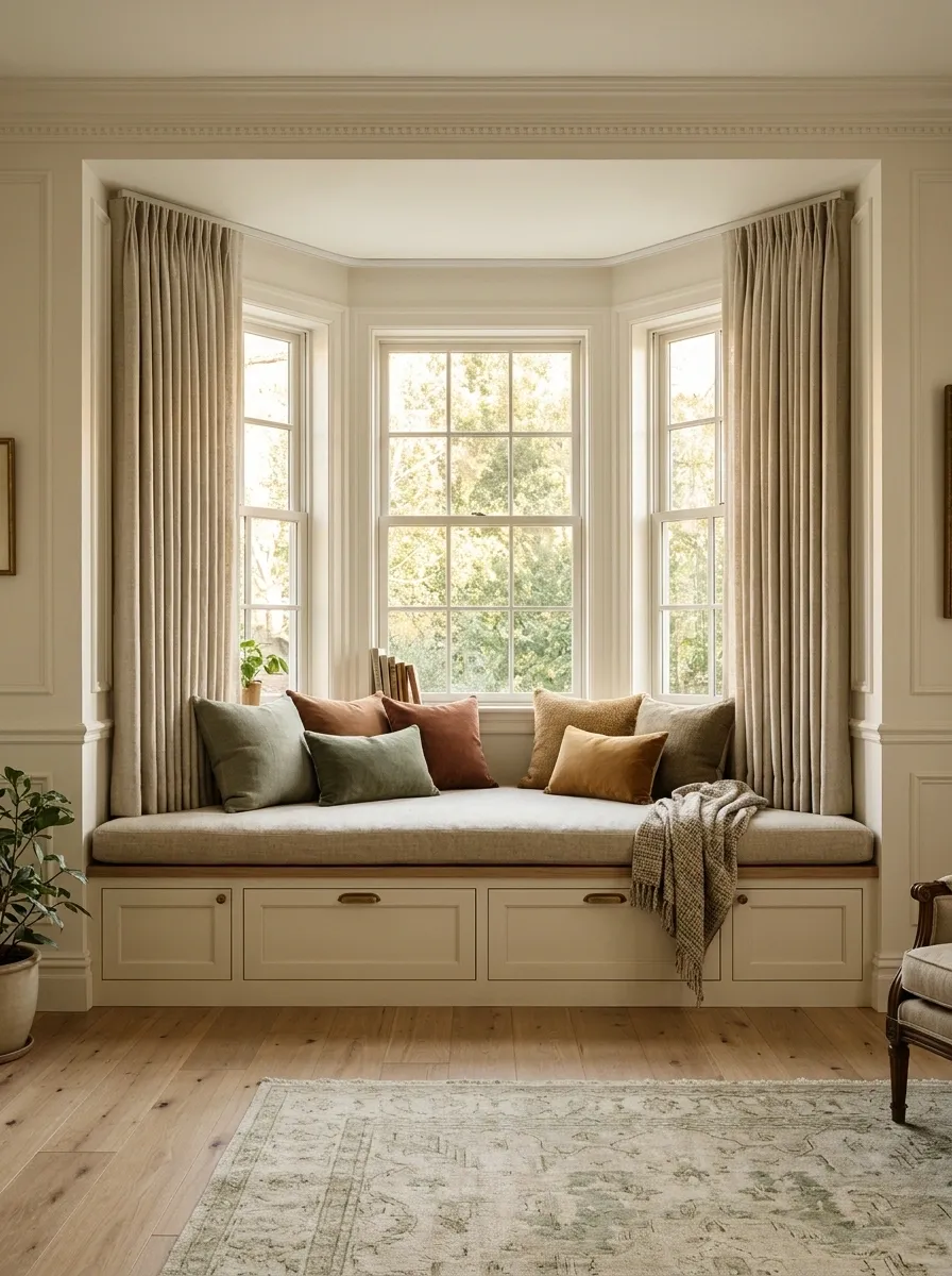 Built-In Bay Window Seat With Angled Storage Compartments