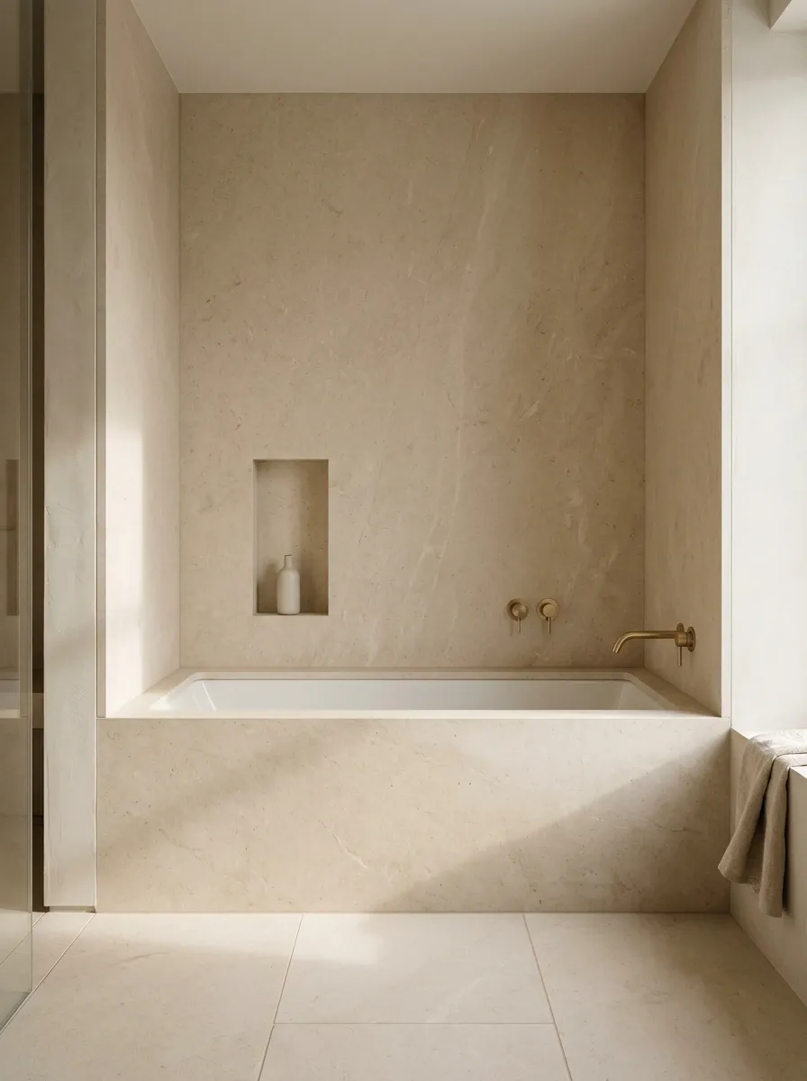 Built-In Beige Bathtub With a Continuous Stone Surround