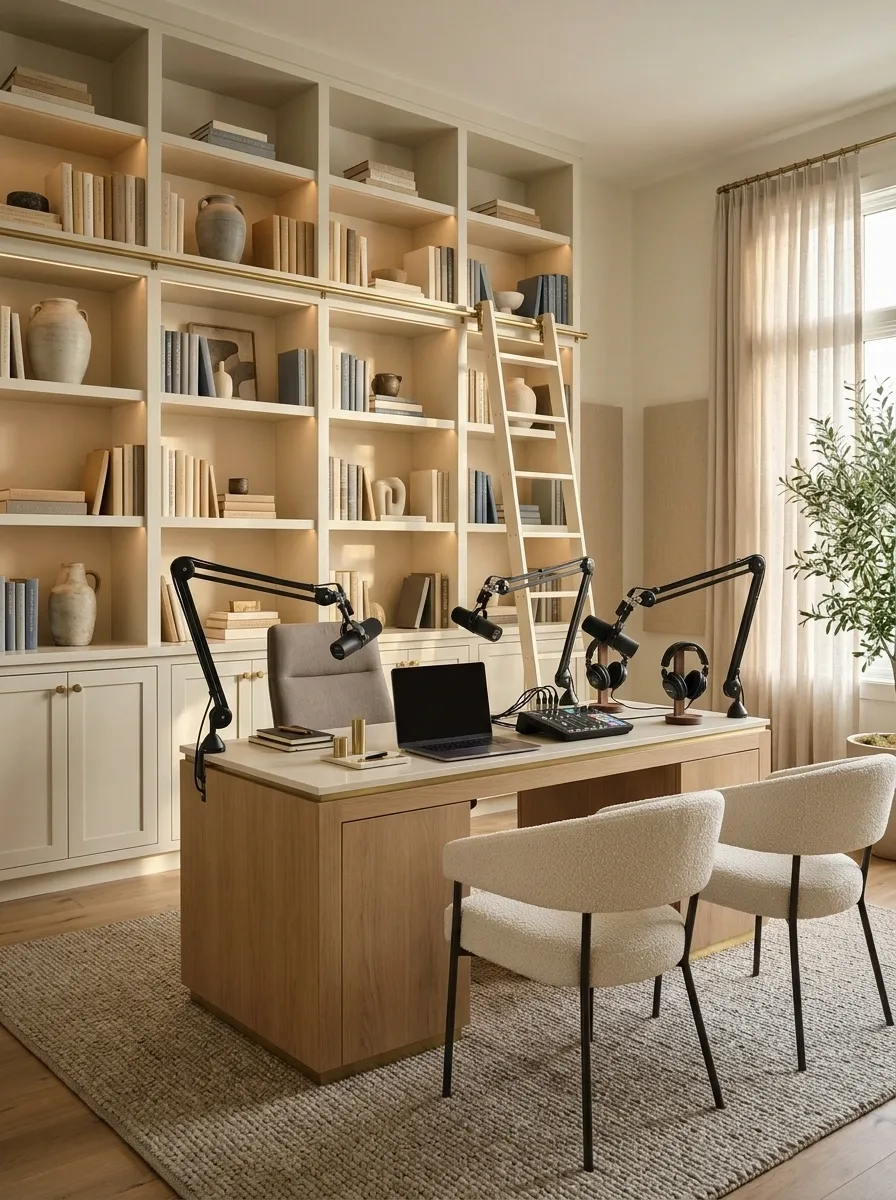 Built-In Bookshelf Podcast Studio With a Library Background