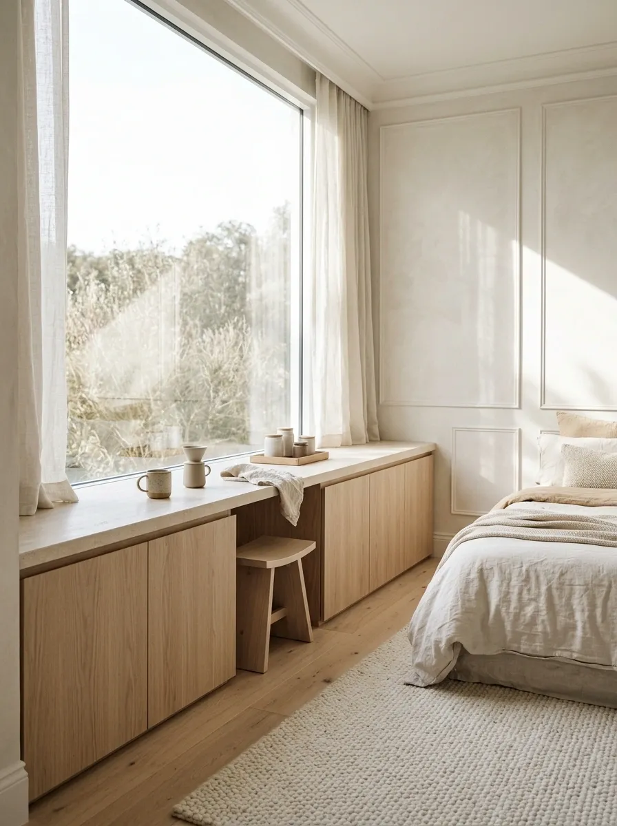 Built-In Coffee Cabinet Framing a Large Bedroom Window