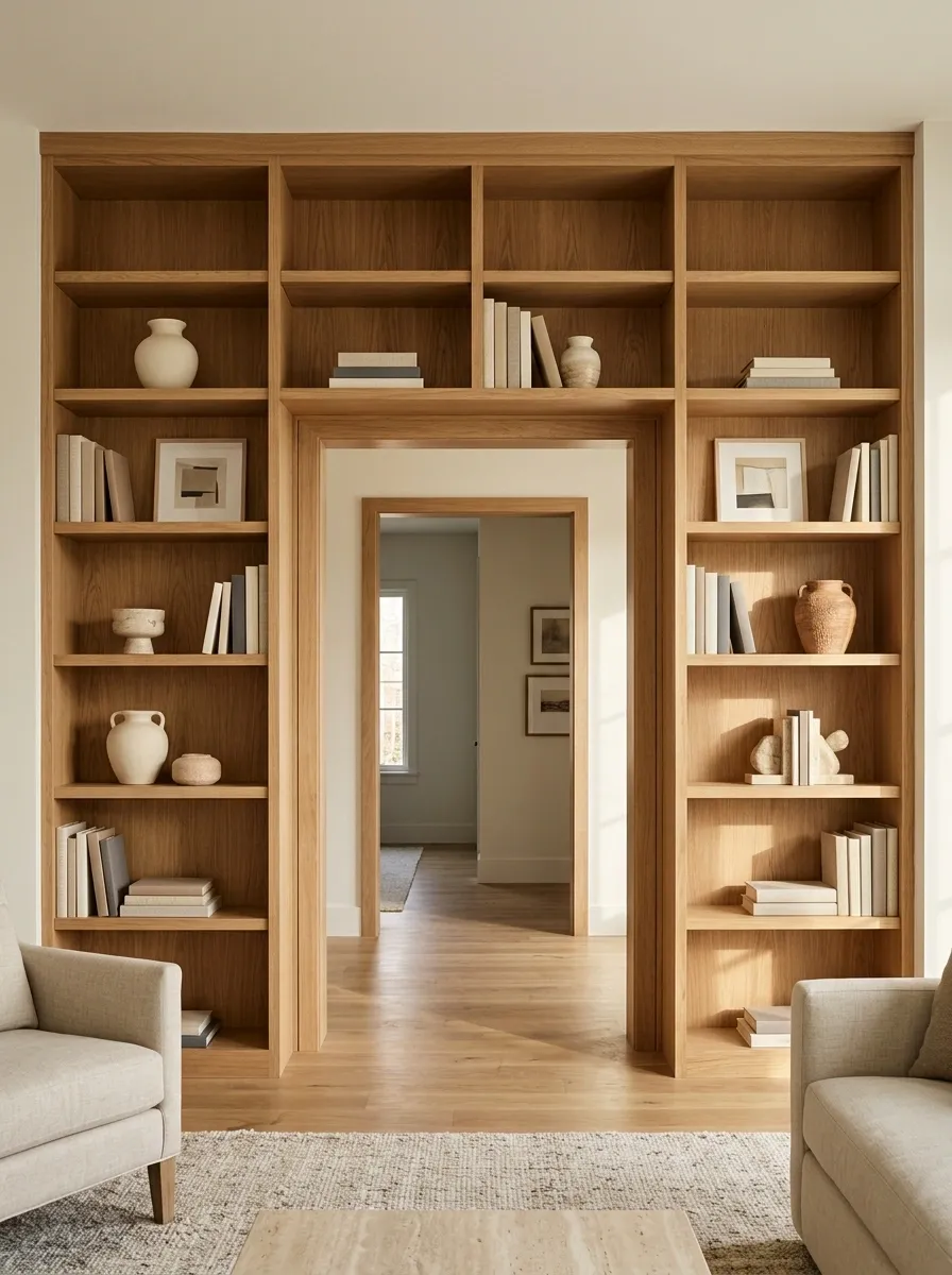 Built-In Open Bookcase Creating a Doorway Passage