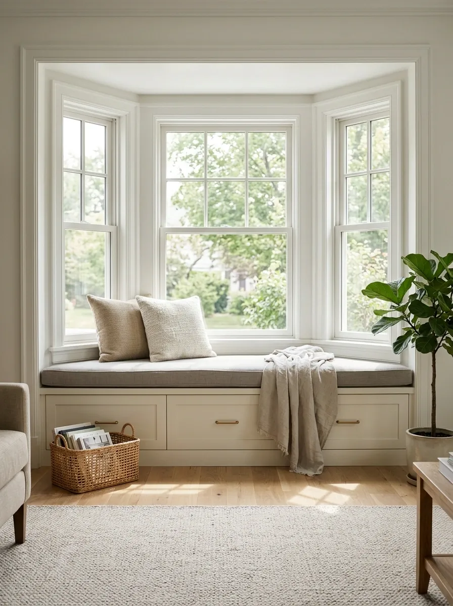 Built-In Window Seat With Hidden Storage and Tailored Cushions