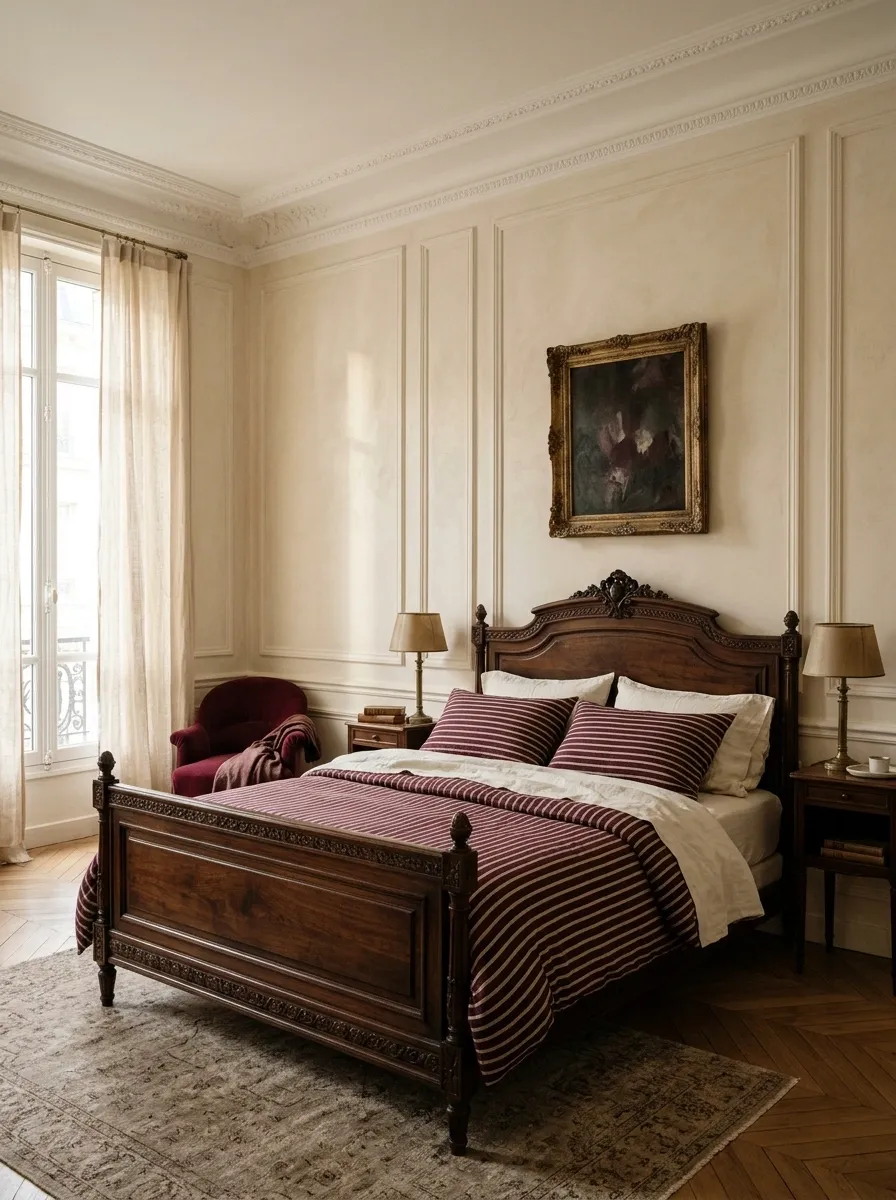 Burgundy and Cream Stripes in a Parisian-Inspired Bedroom