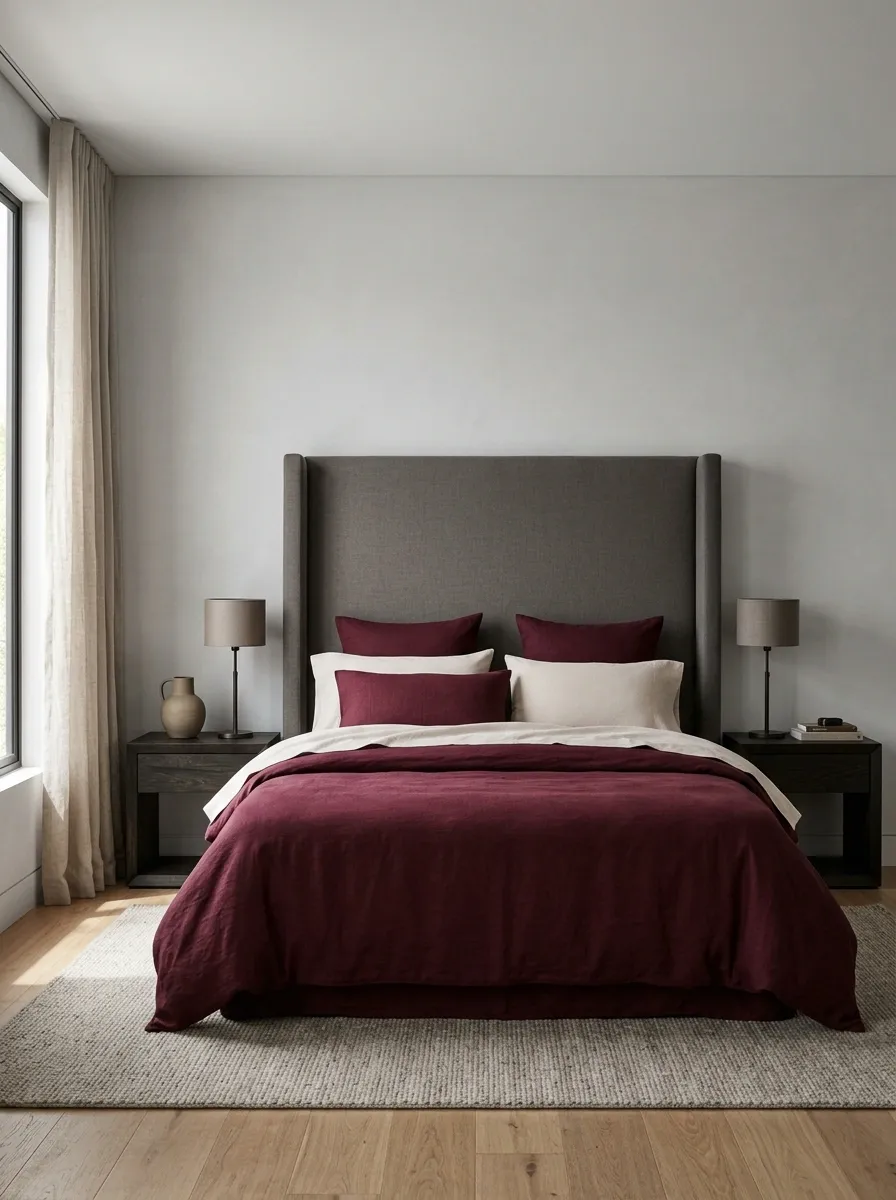 Burgundy Bedding With a Strong Architectural Headboard