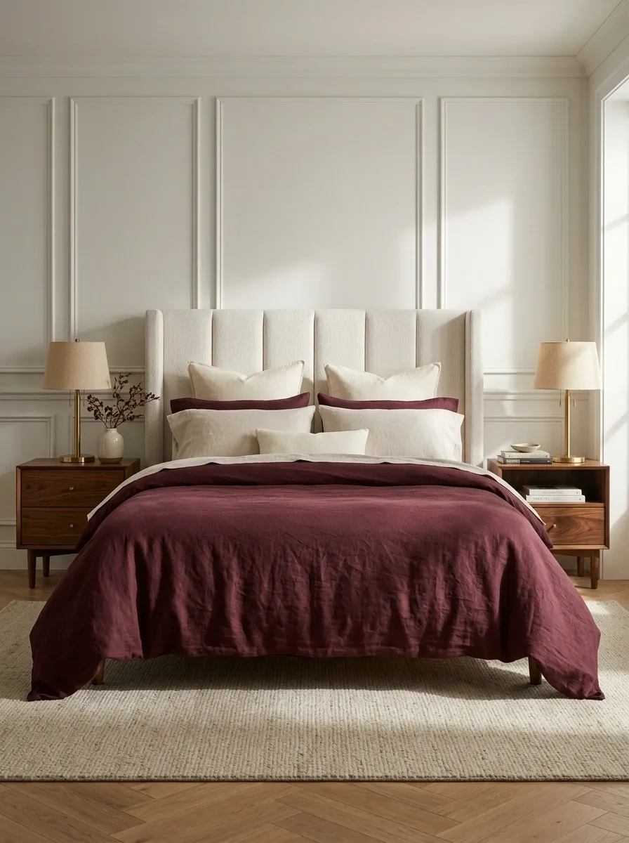 Burgundy Bedding With Cream Upholstery and Walnut