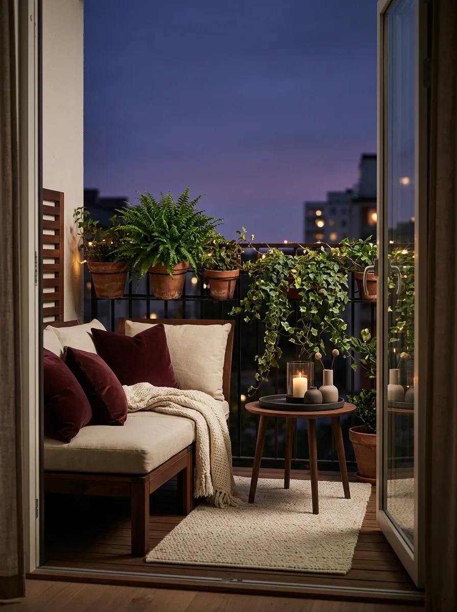 Burgundy, Cream, and Walnut Evening Balcony