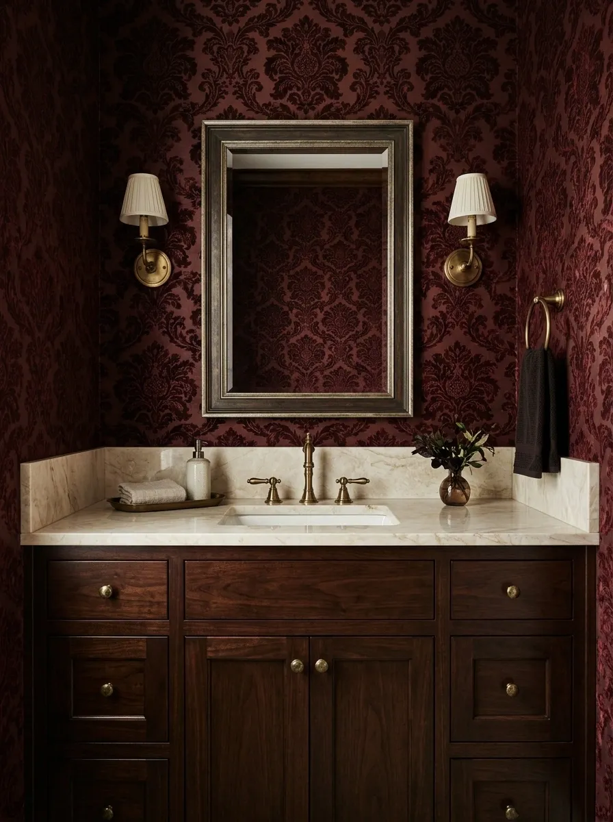 Burgundy Damask Wallpaper With Dark Mahogany Cabinetry
