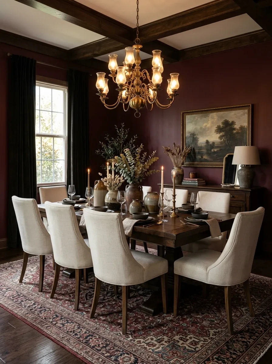 Burgundy Dining Room With Cream Upholstery and Dark Wood