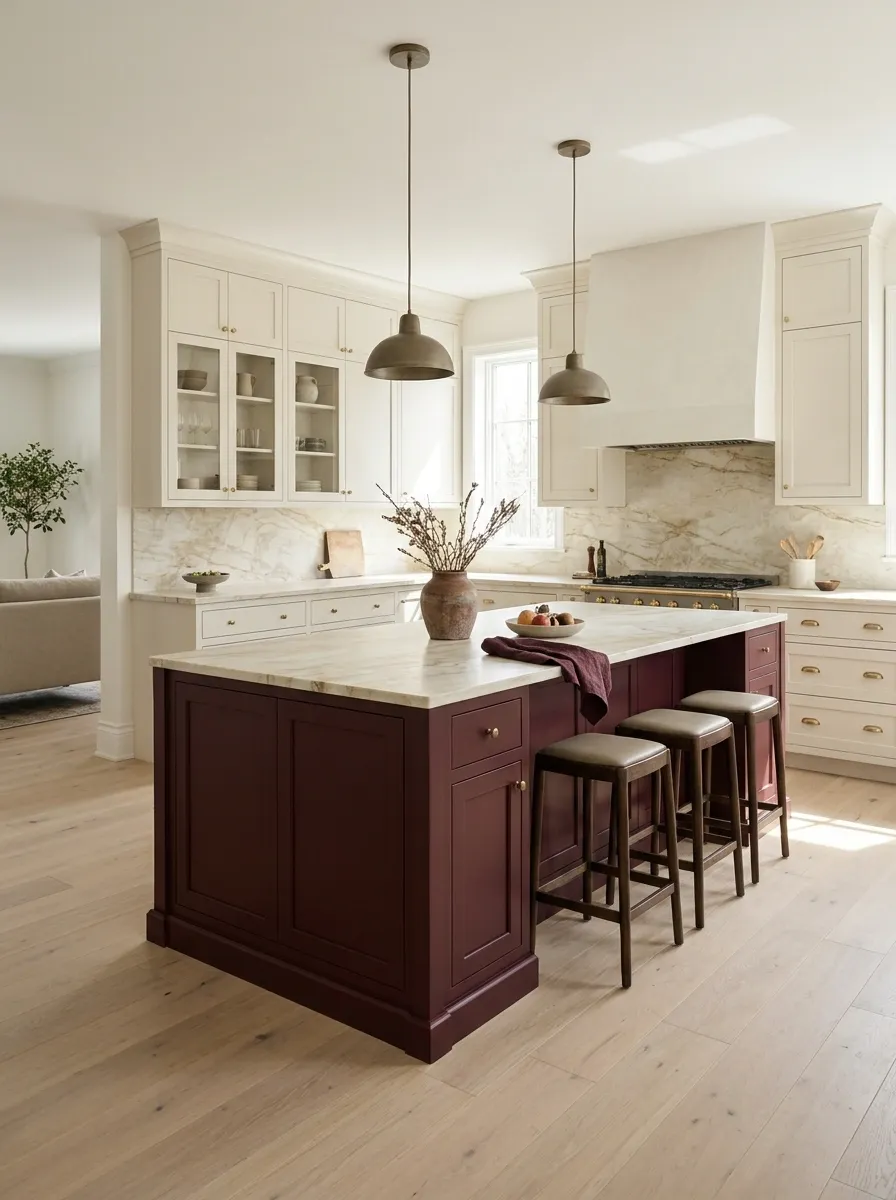 Burgundy Island Kitchen With Warm White Cabinets