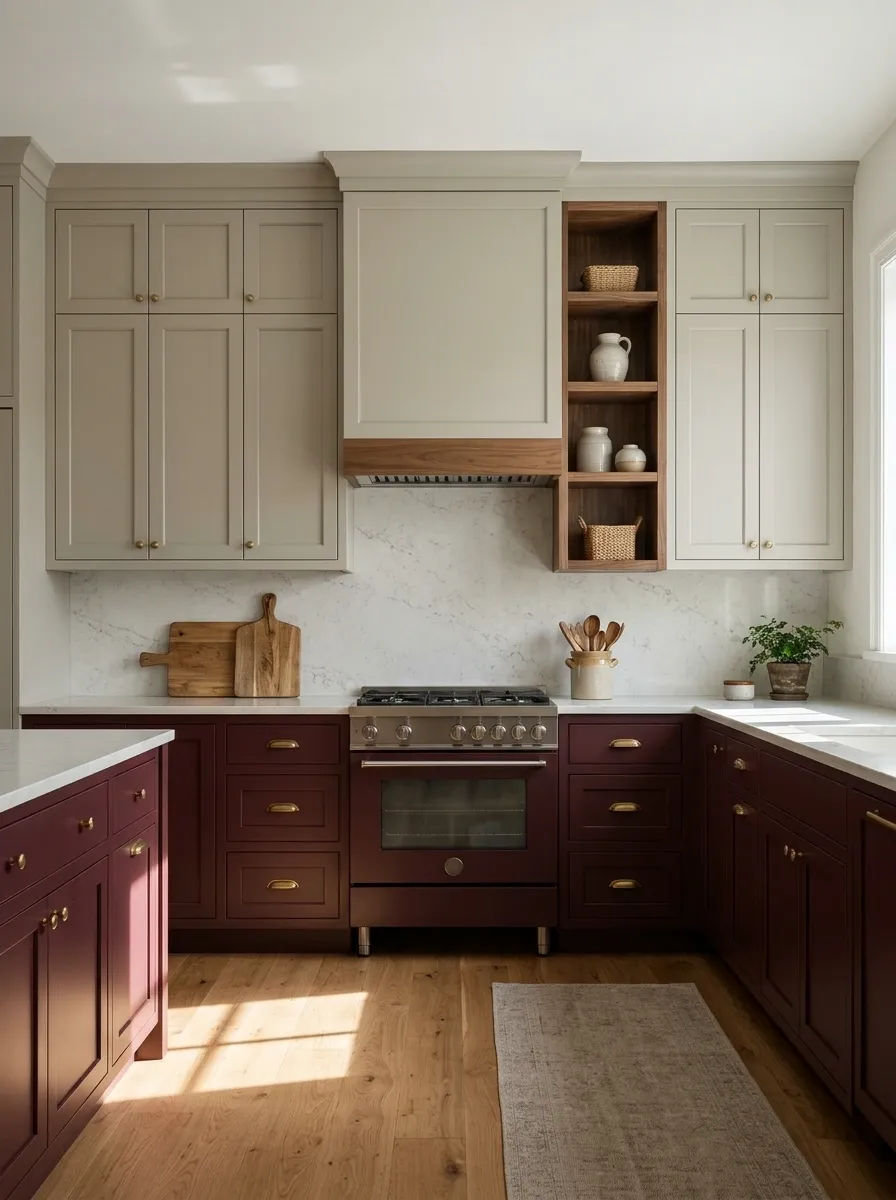 Burgundy Lower Cabinets With Soft Putty Uppers