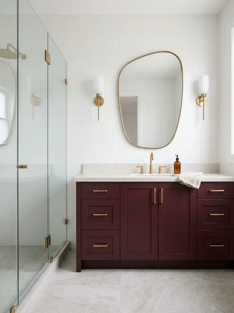 Burgundy Vanity Bathroom With White Tile and a Shaped Mirror