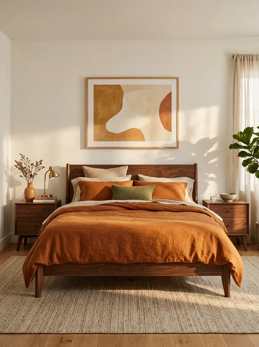 Burnt Orange Bedding With Mid-Century Walnut Furniture