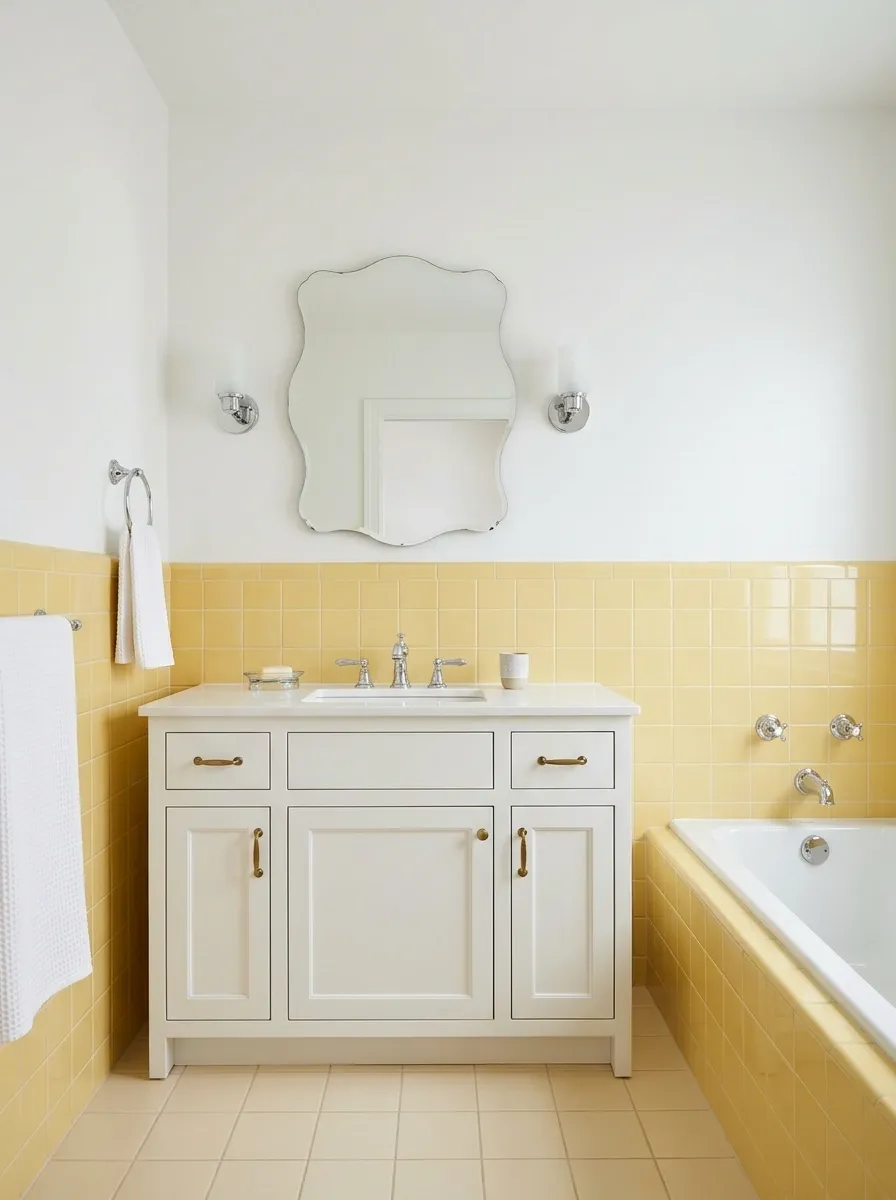 Butter Yellow Bathroom With White Cabinetry and a Scalloped Mirror