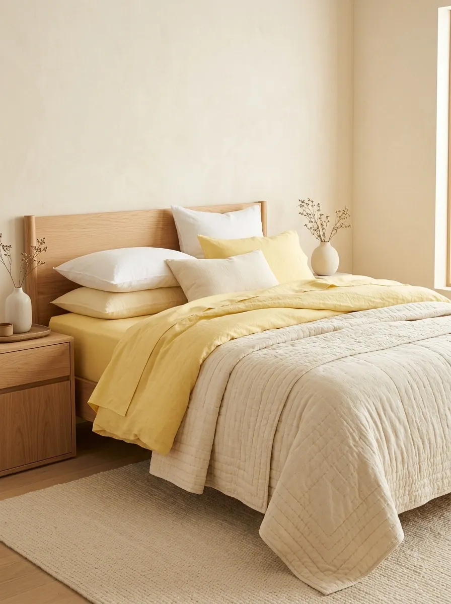 Butter Yellow Bedding With Cream Quilted Layers