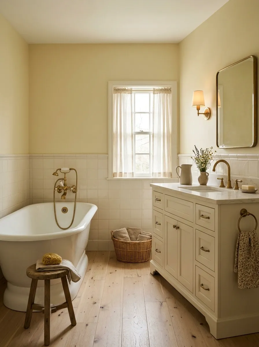 Butter-Yellow Farmhouse Bathroom With Warm White Fixtures