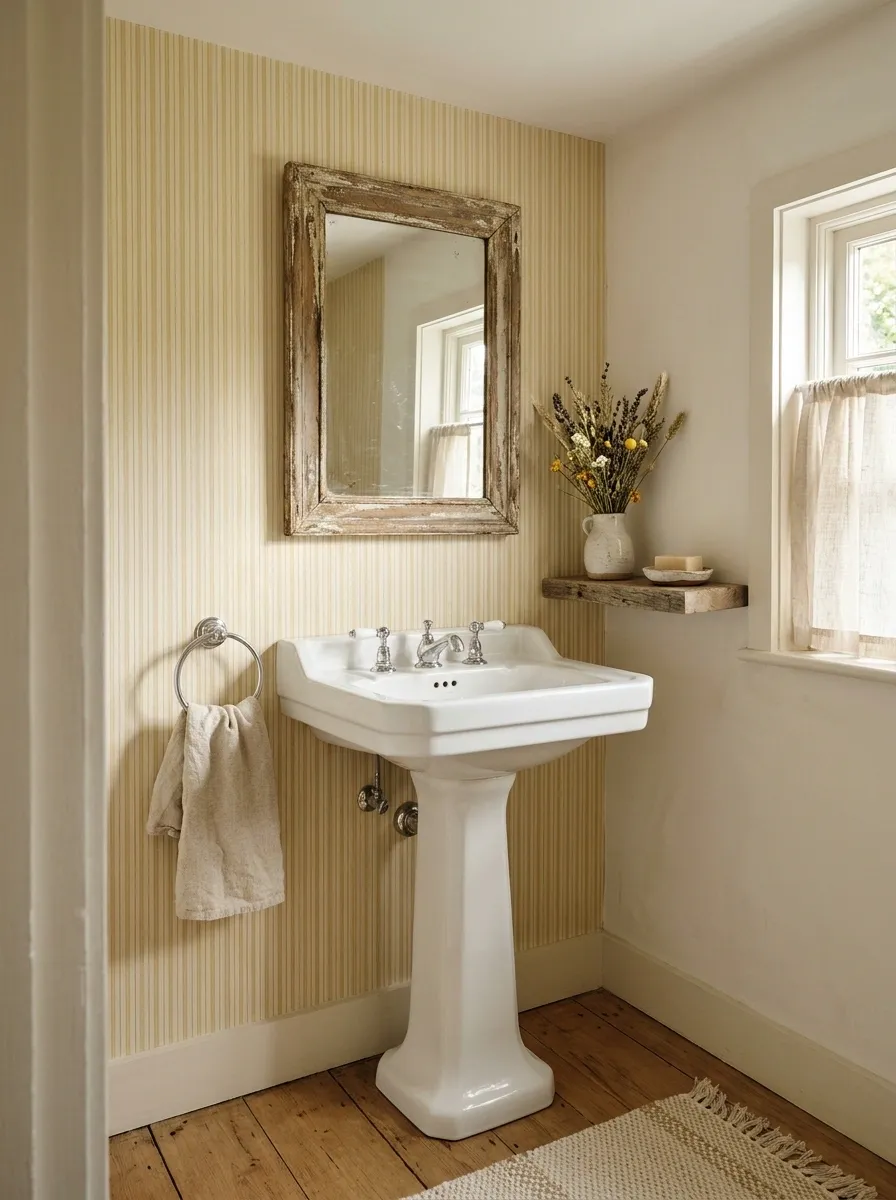 Butter-Yellow Striped Wall With White Cottage Fixtures