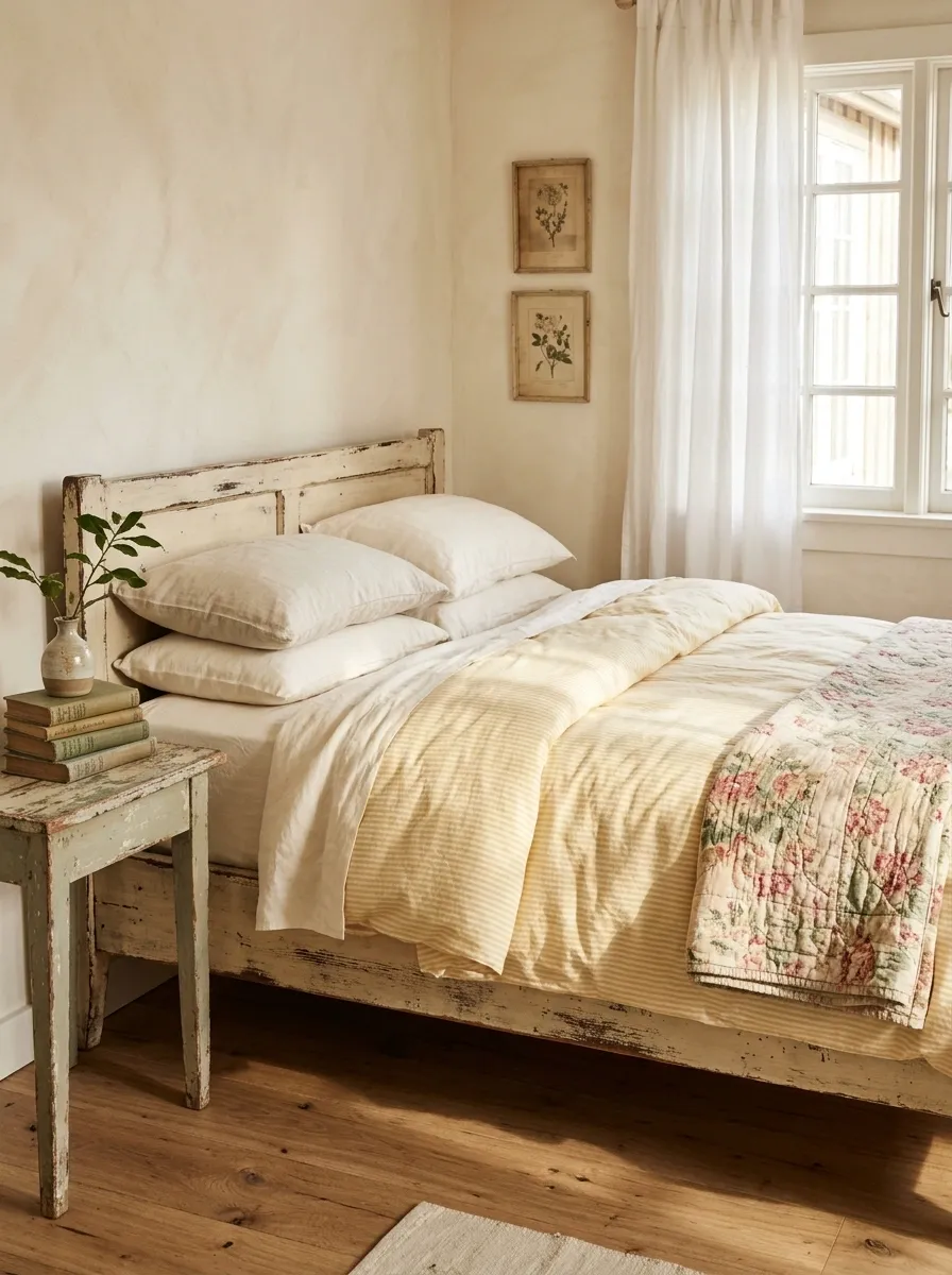 Butter Yellow Stripes in a Charming Cottage Bedroom