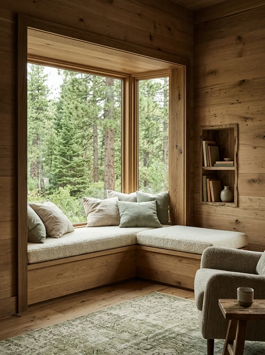 Cabin Bay Window With a Wool-Cushioned Bench and Forest Views