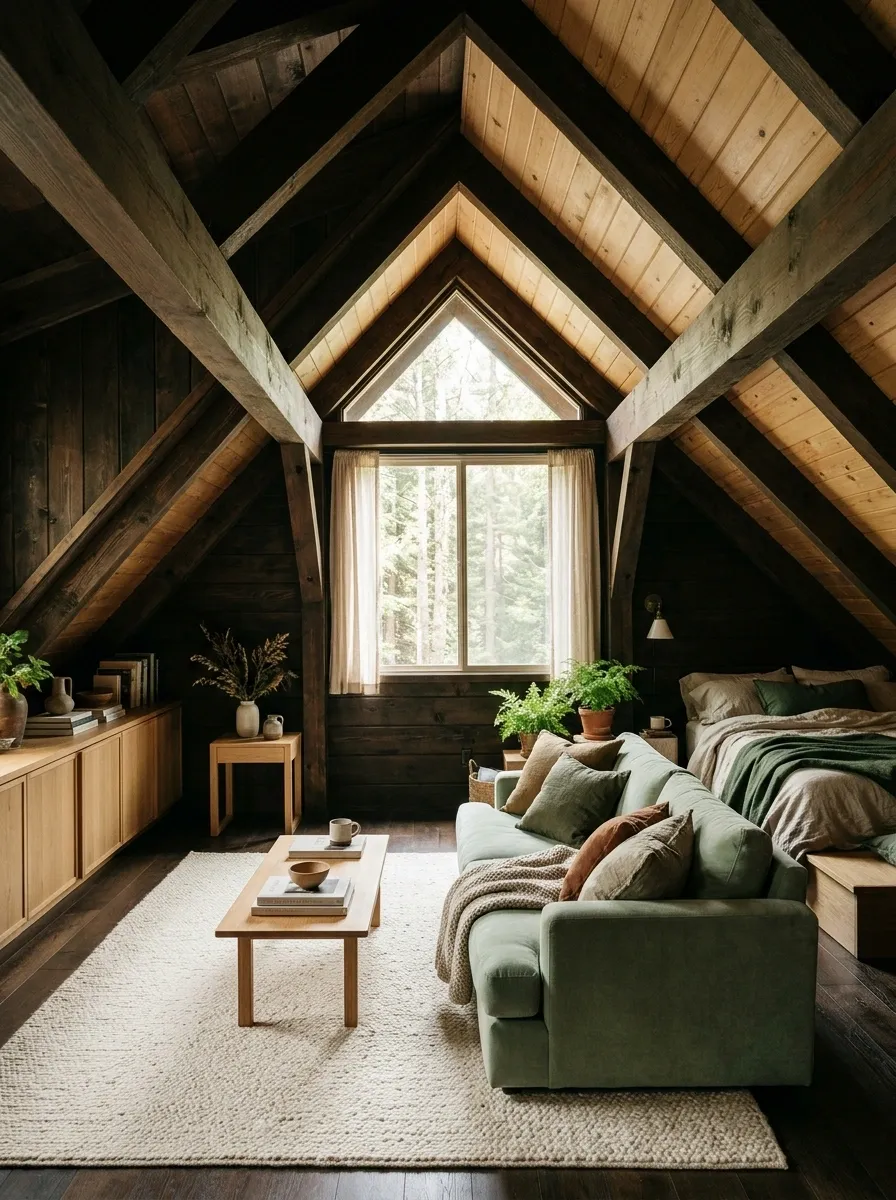 Cabin Loft With Exposed Timber and Soft Green Upholstery