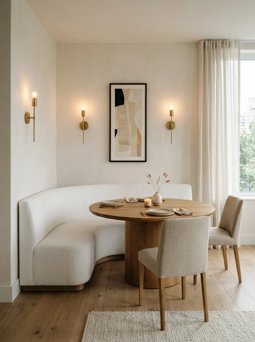 Calm Apartment Dining Nook With Banquette and Wall Sconces