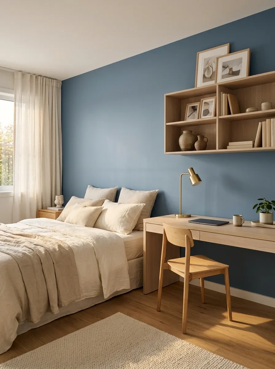 Calm Blue Bedroom With a Dedicated Work Wall