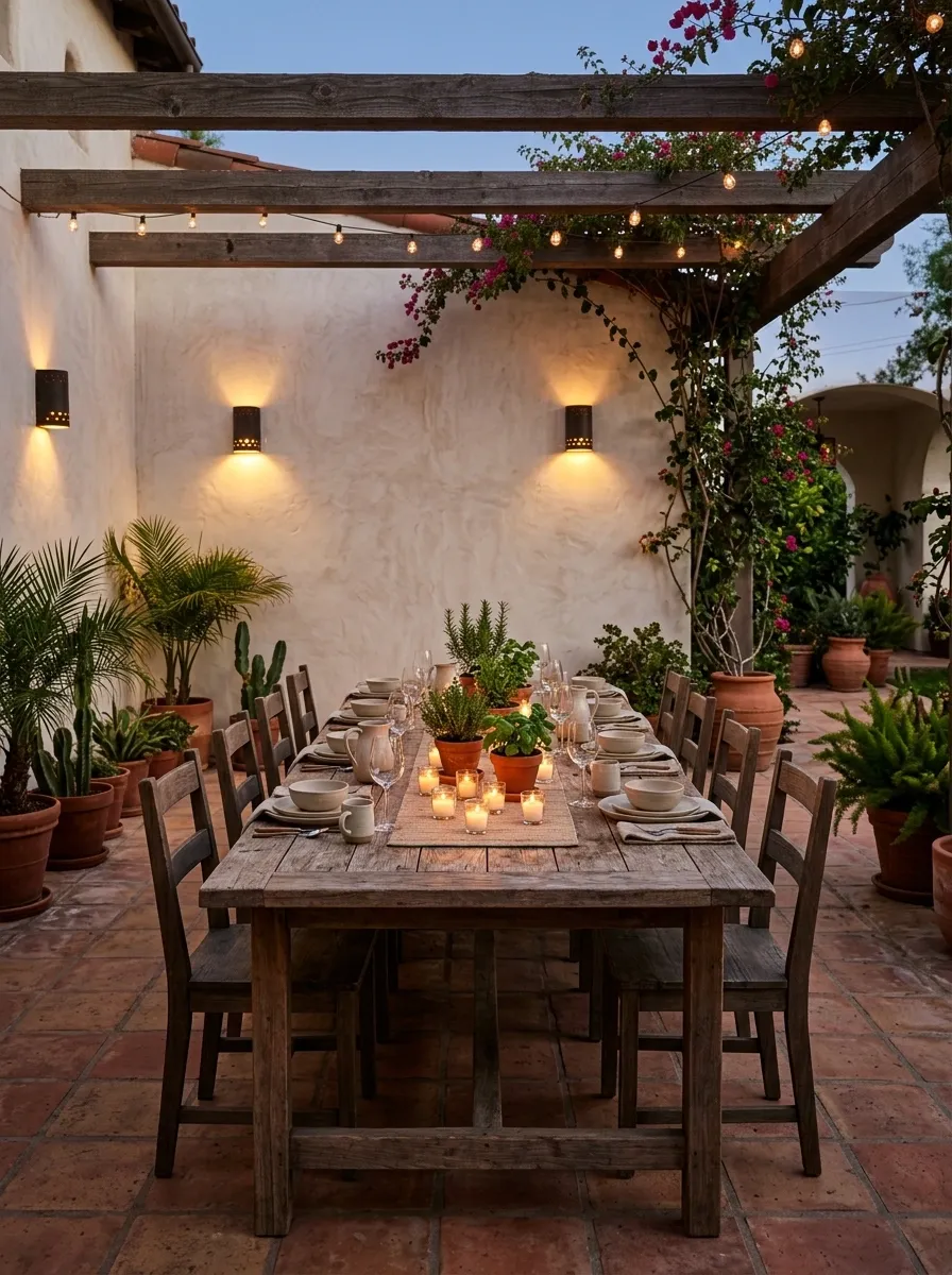 Candlelit Mexican Dinner Patio With Long Farmhouse Table