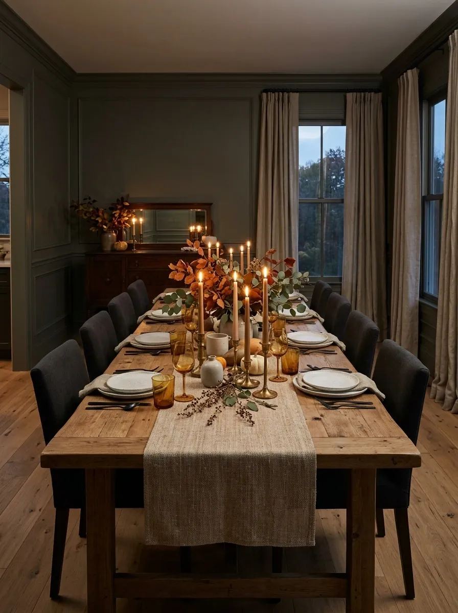 Candlelit Thanksgiving Dining Room With a Long Natural Centerpiece