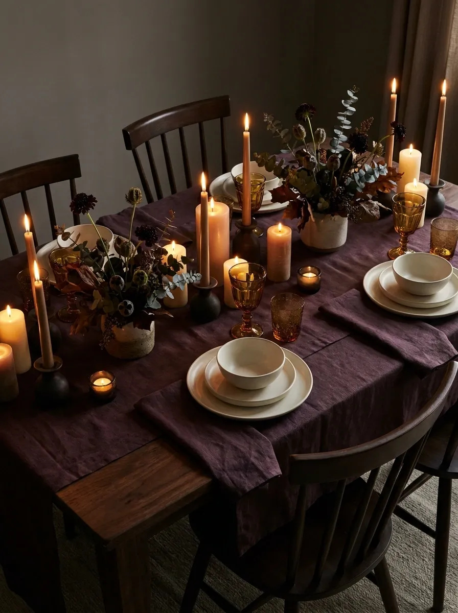 Candlelit Thanksgiving Table With Deep Plum and Amber Tones