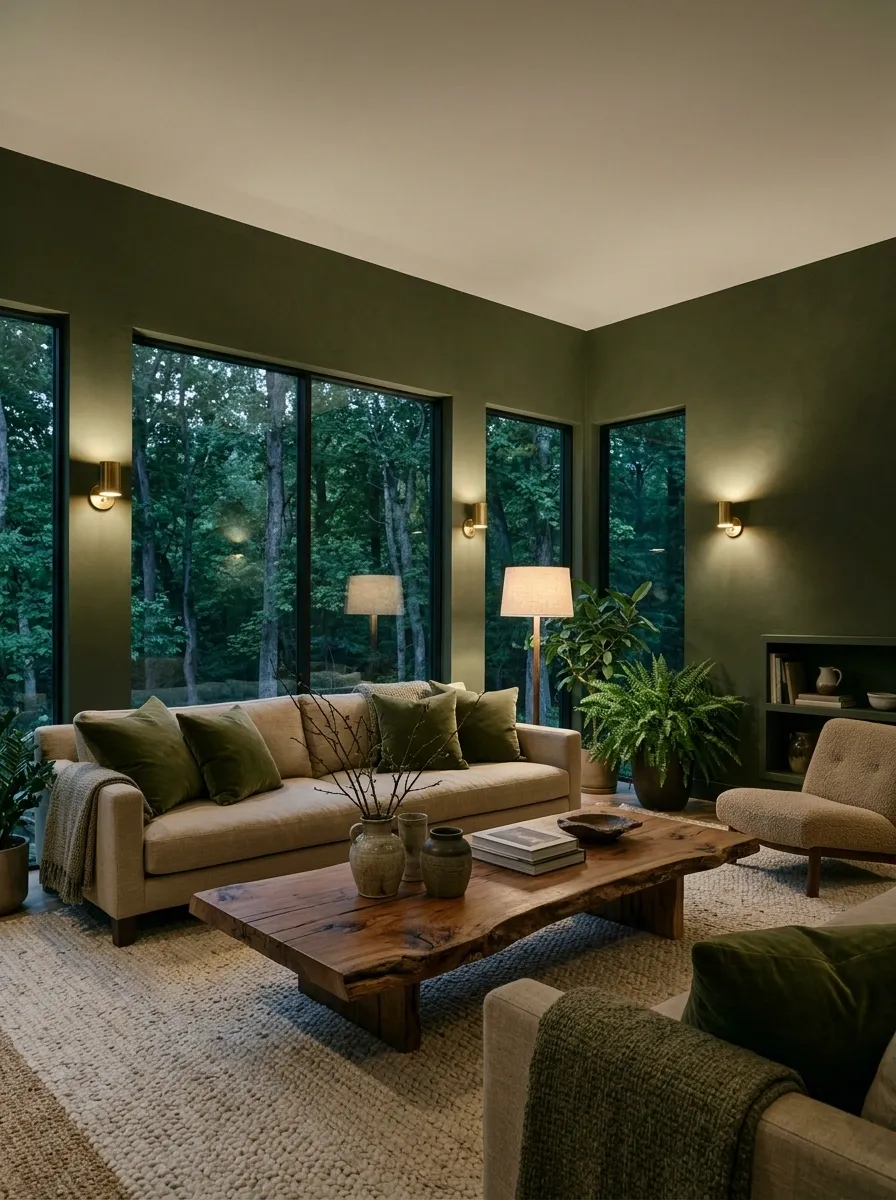 Canopy Living Room With Olive Walls and a Low Linen Sofa