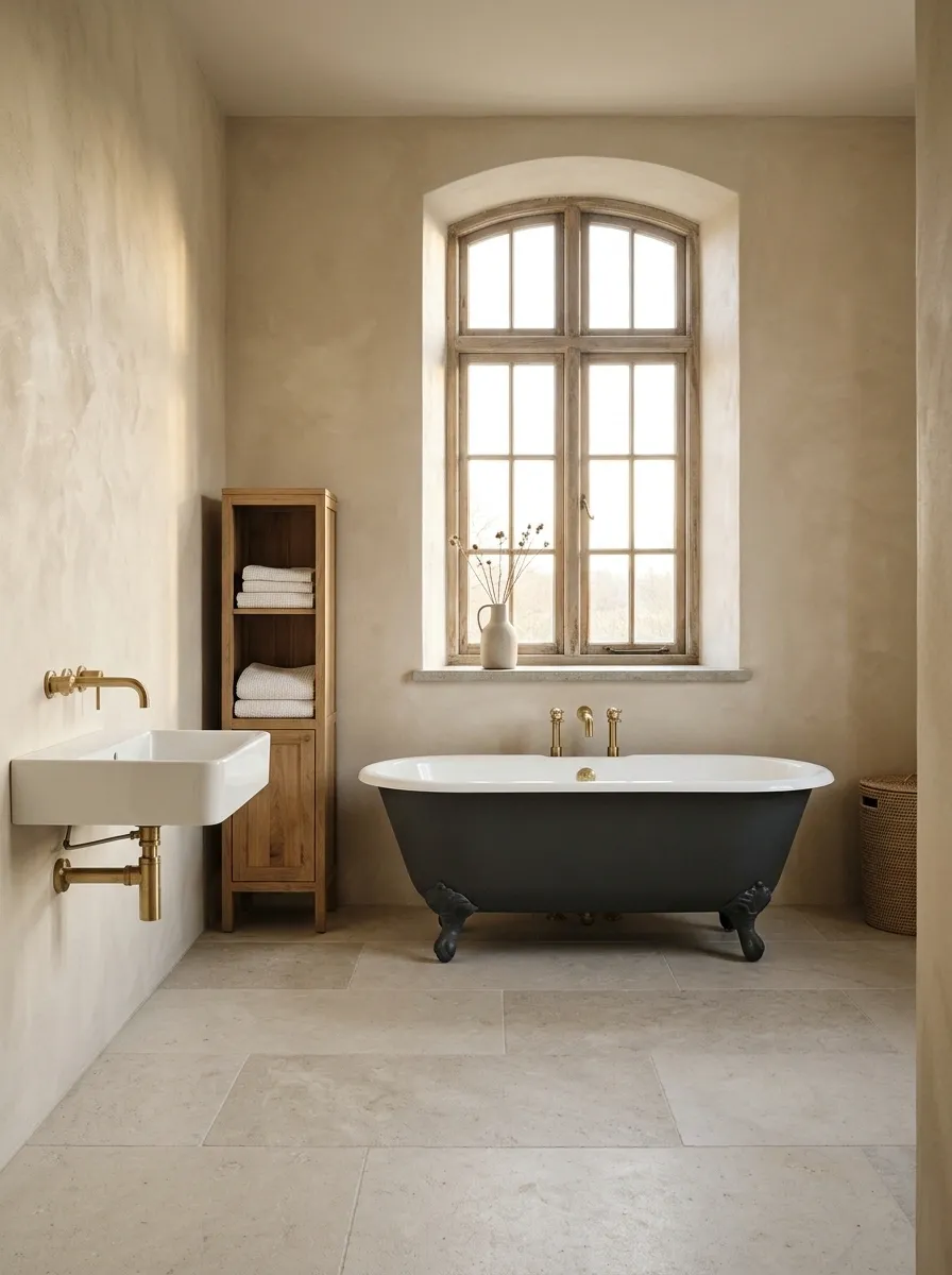 Cast-Iron Tub Bathroom With Plaster-Toned Walls and Stone Flooring