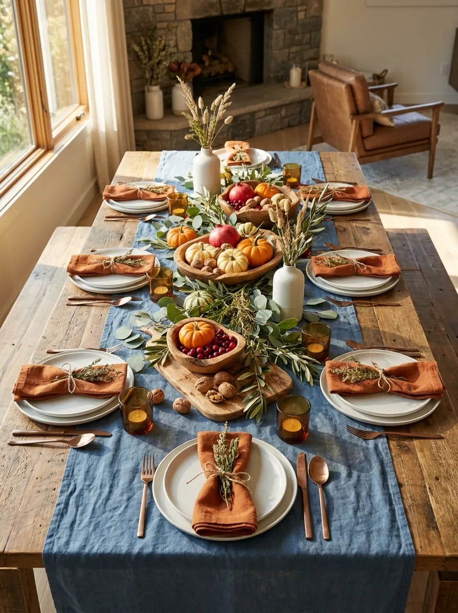 Casual Thanksgiving Table With Denim Blue and Warm Orange