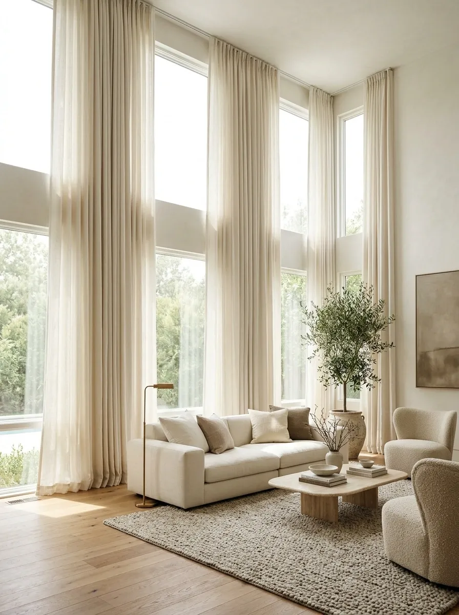 Ceiling-High Ivory Linen Curtains in a Warm, Light-Filled Living Room