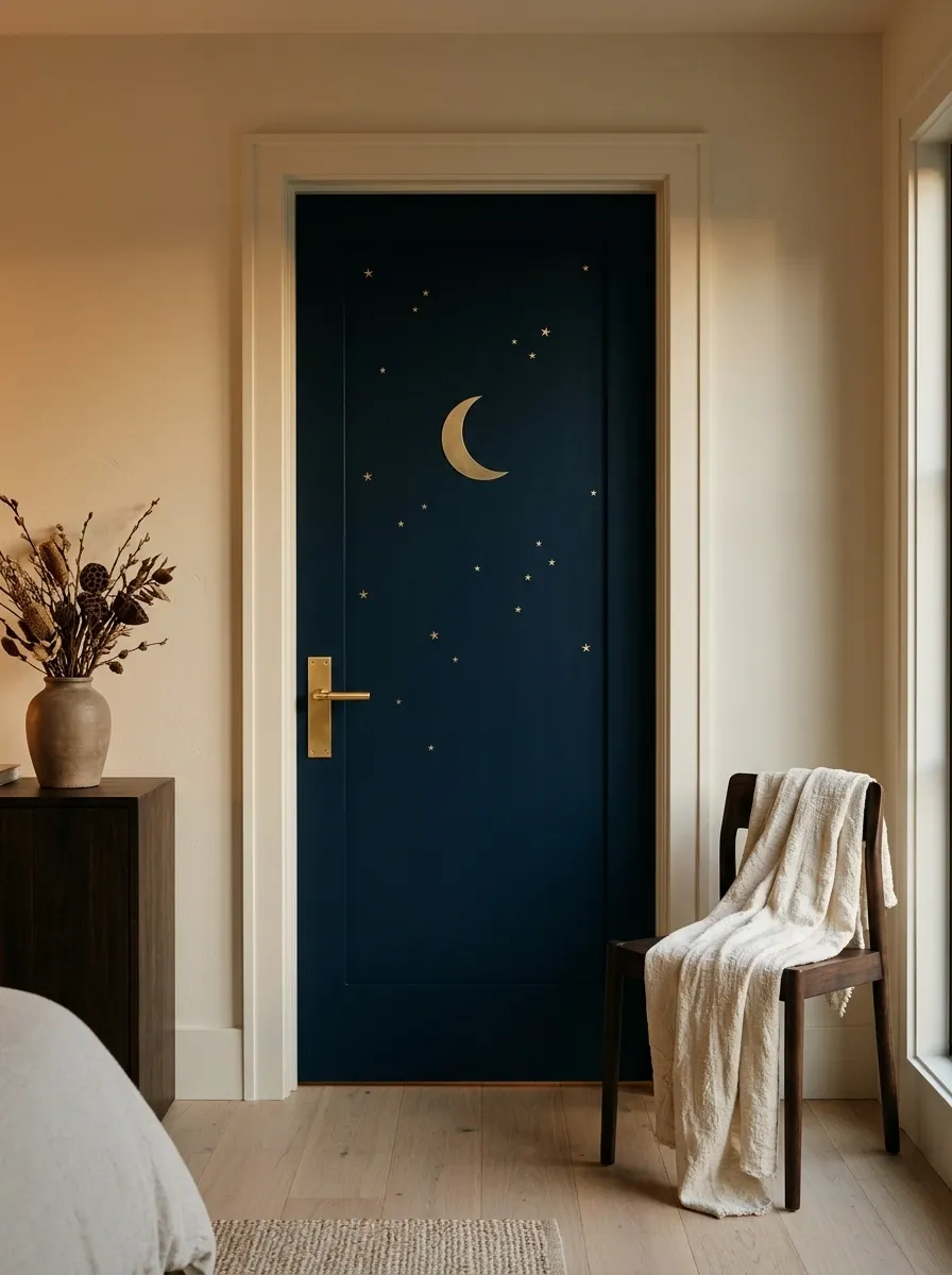 Celestial Night-Sky Door With Stars and a Crescent Moon