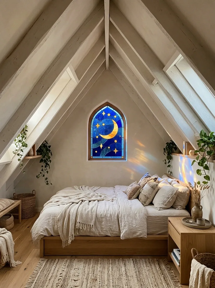 Celestial Stained Glass in a Sloped Attic Bedroom