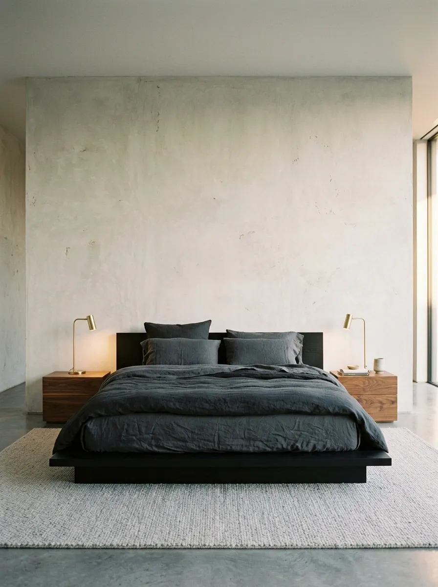 Charcoal and Black Bedding in a Minimal Architectural Bedroom