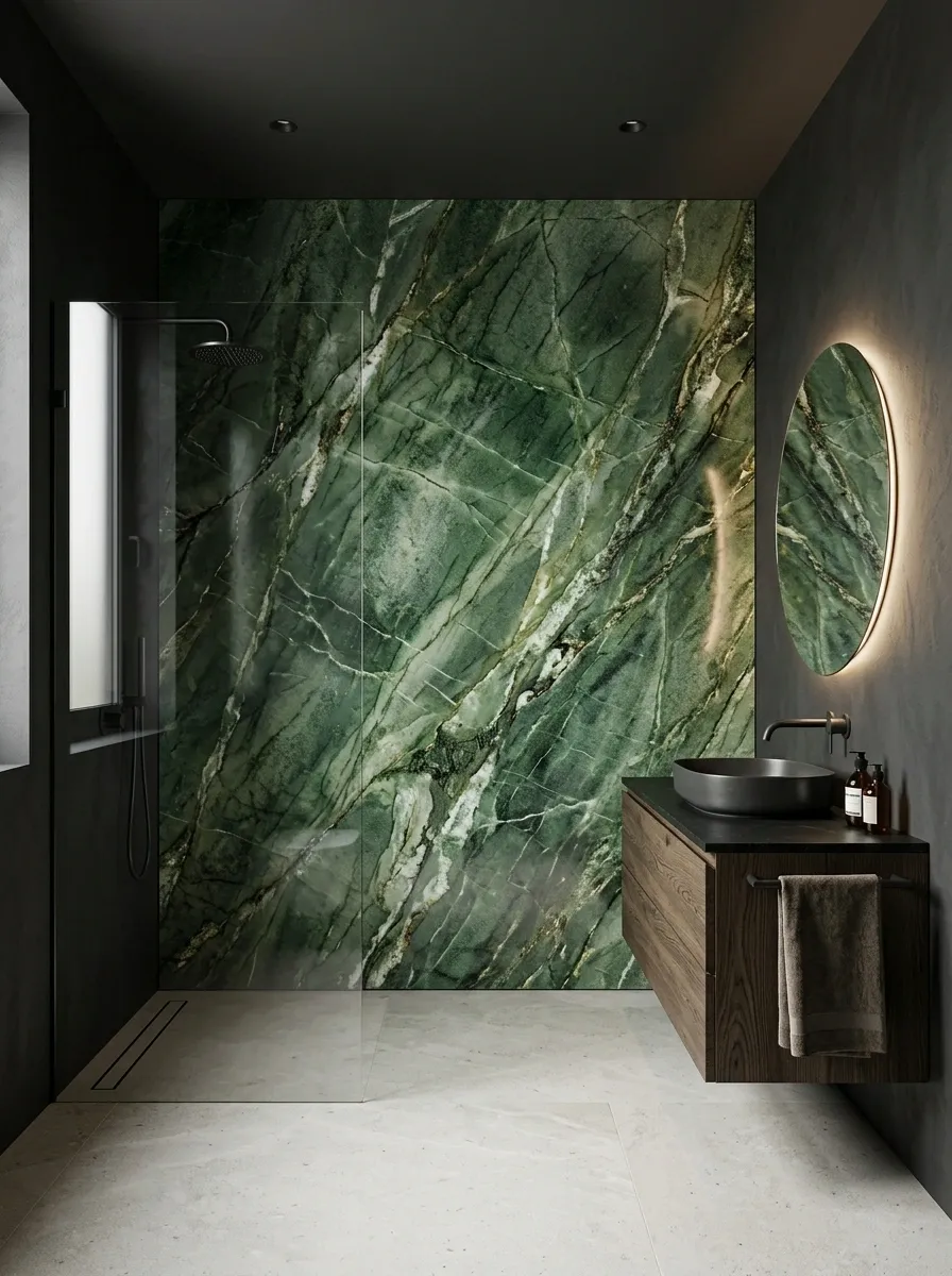 Charcoal Bathroom With a Single Green Stone Wall