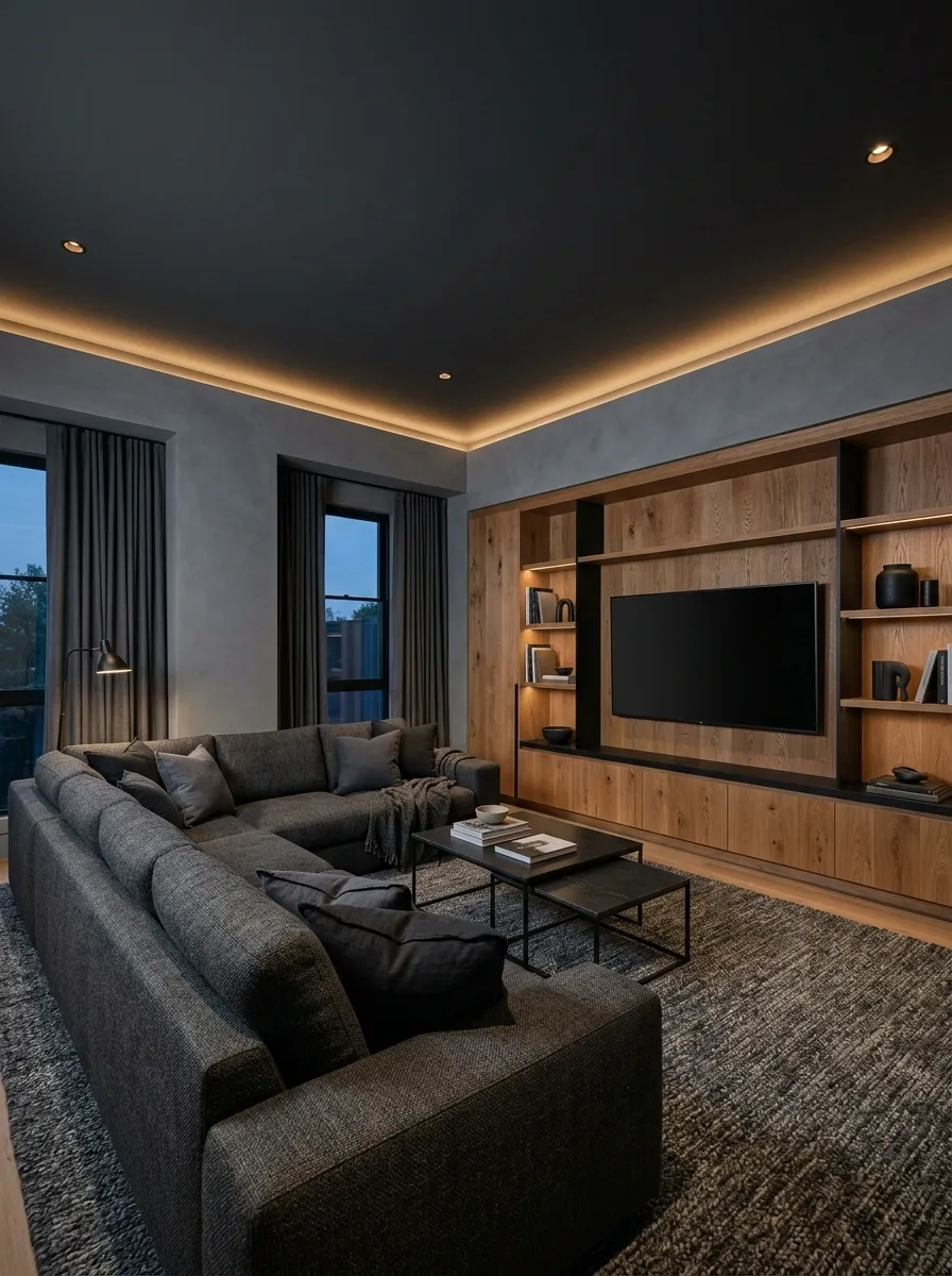 Charcoal Ceiling in a Contemporary Media Lounge