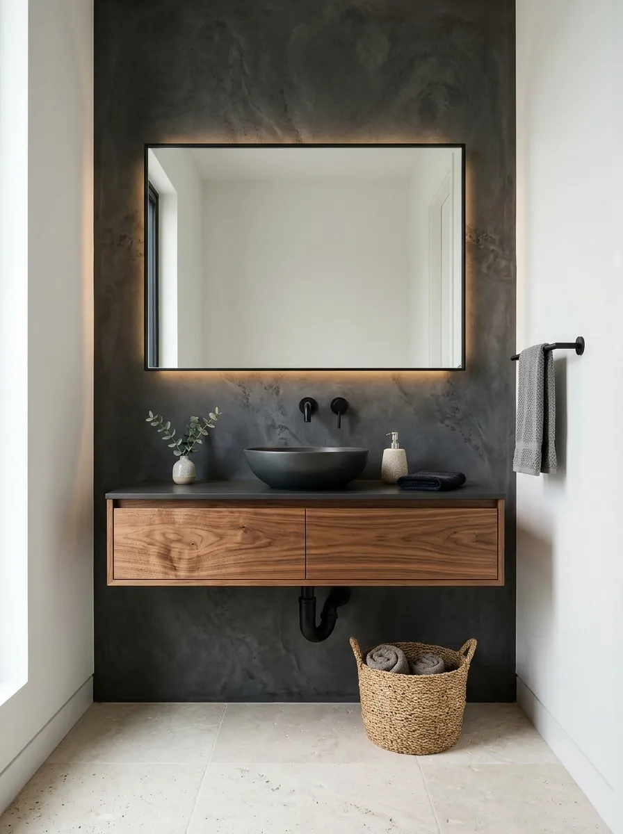 Charcoal Concrete-Look Wall With Industrial Black Fixtures