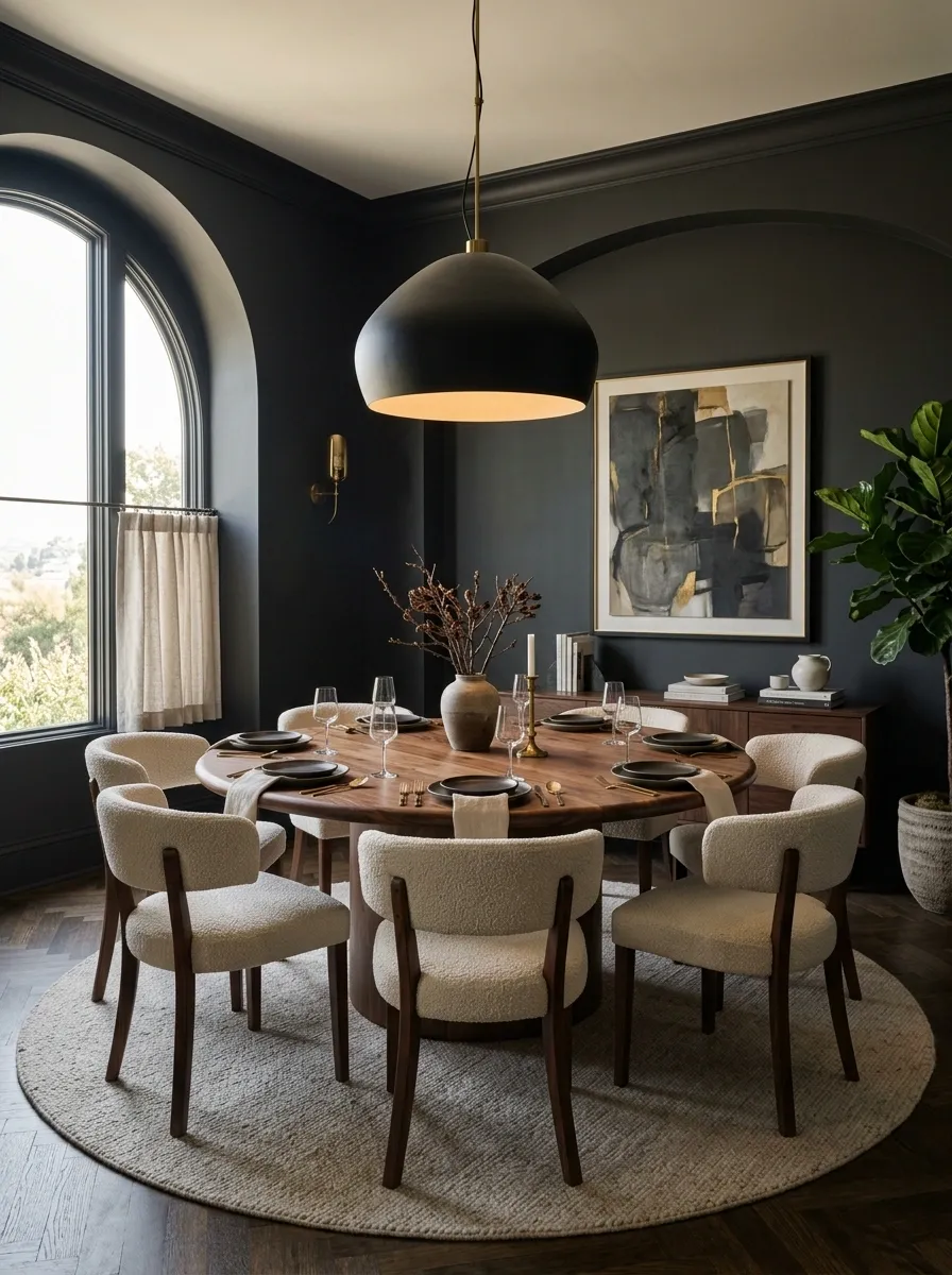 Charcoal Dining Room With a Soft Curved Table