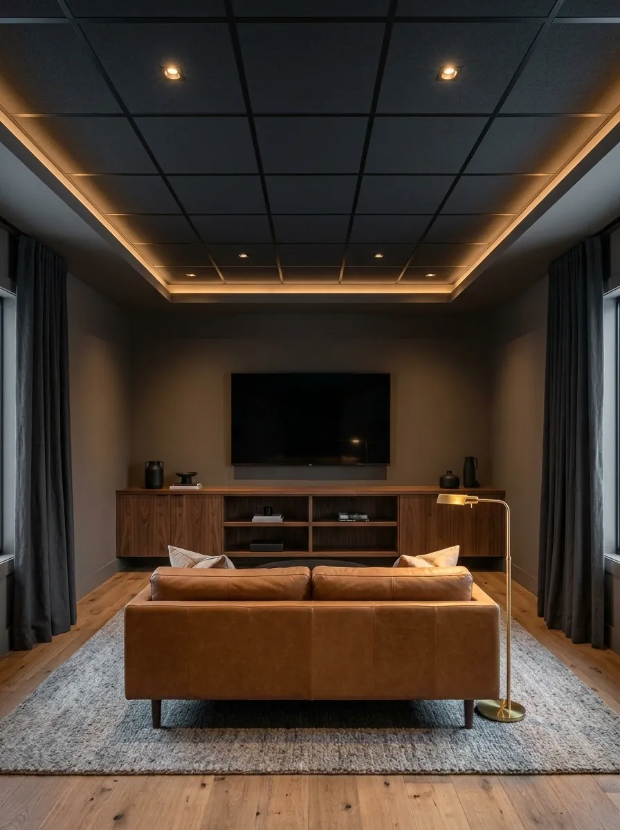 Charcoal Drop Ceiling in a Moody Media Lounge