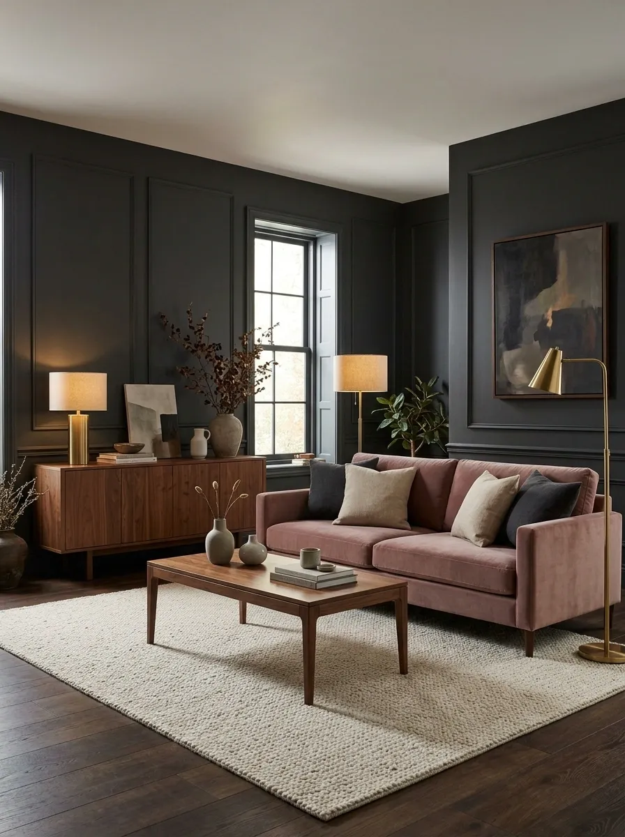 Charcoal + Dusty Rose in a Moody Modern Room