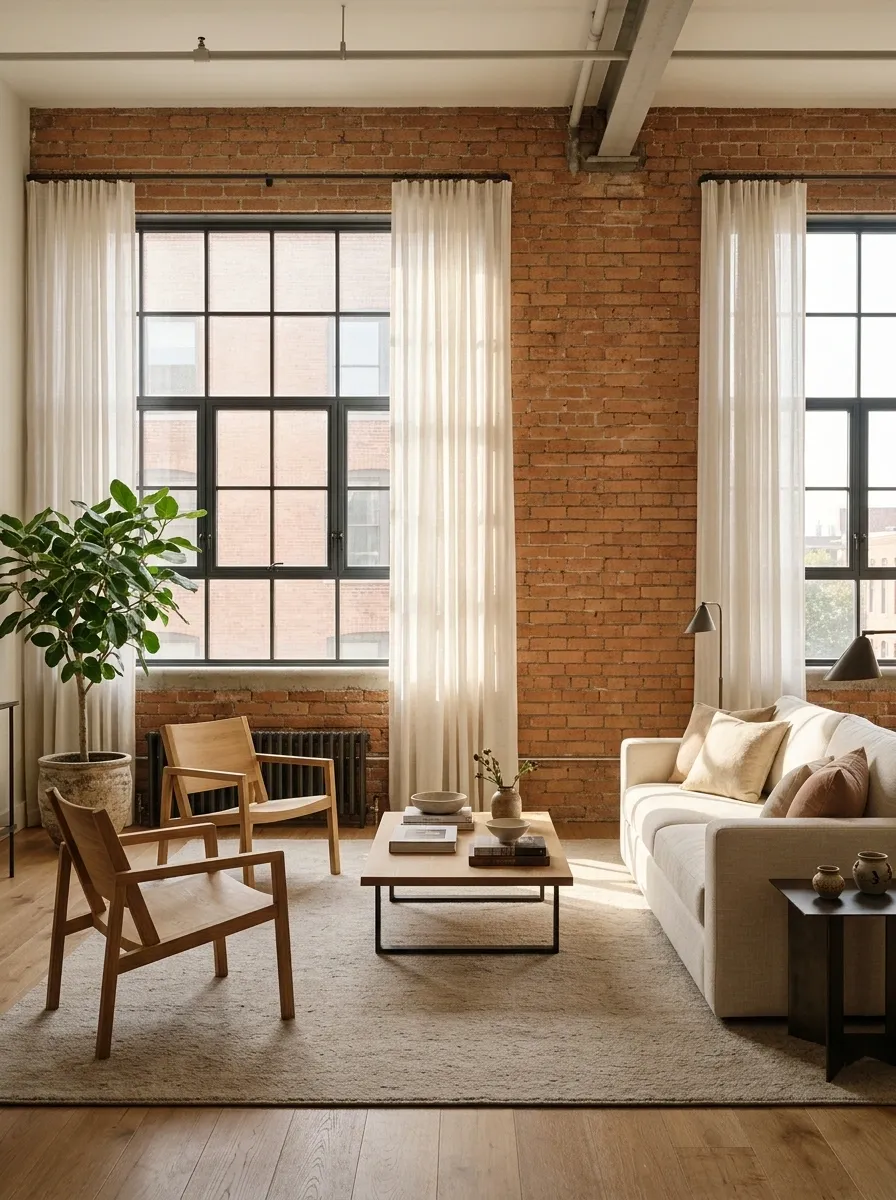 Charcoal Frames With Exposed Brick and Pale Seating