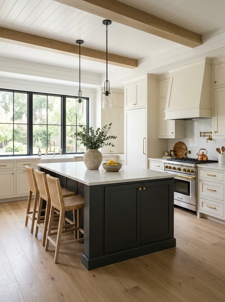 Charcoal Gray Island With Crisp White Cabinetry