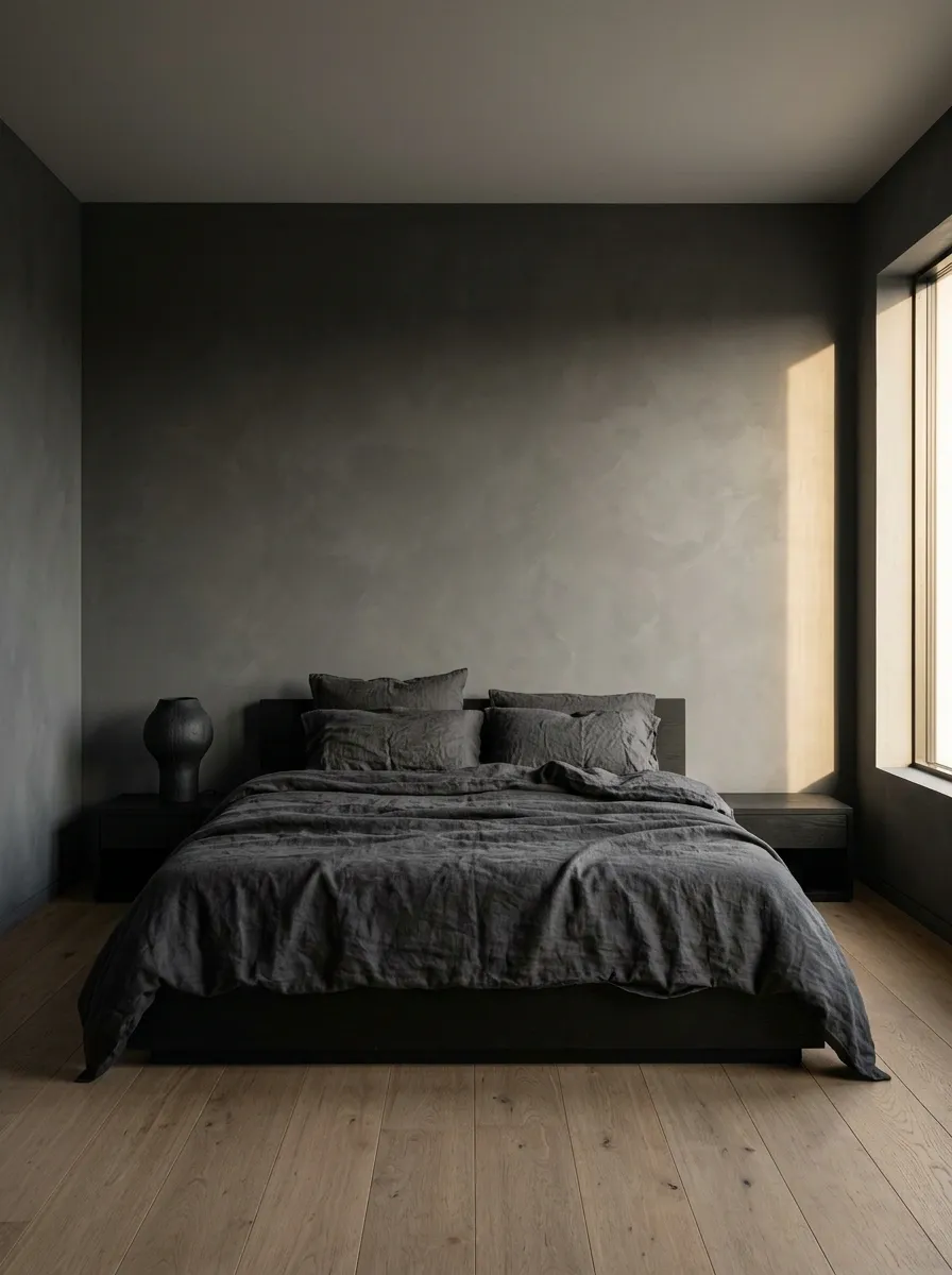 Charcoal Linen Bedding in a Quiet Minimalist Bedroom