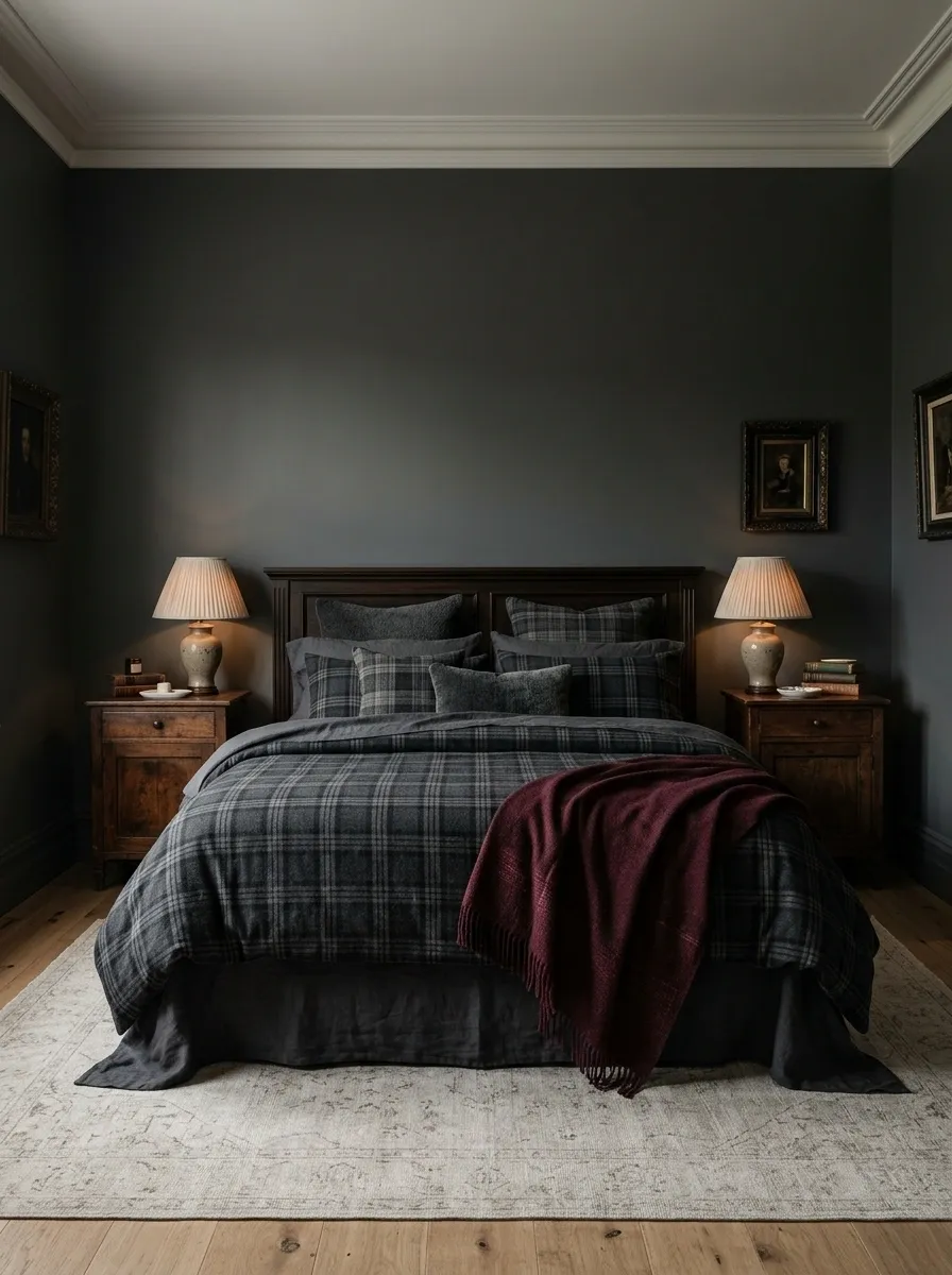 Charcoal Plaid Bedding in a Moody Traditional Bedroom