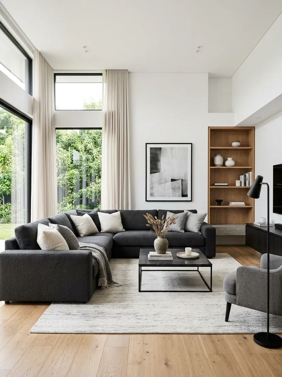 Charcoal Sectional Against Crisp White Walls