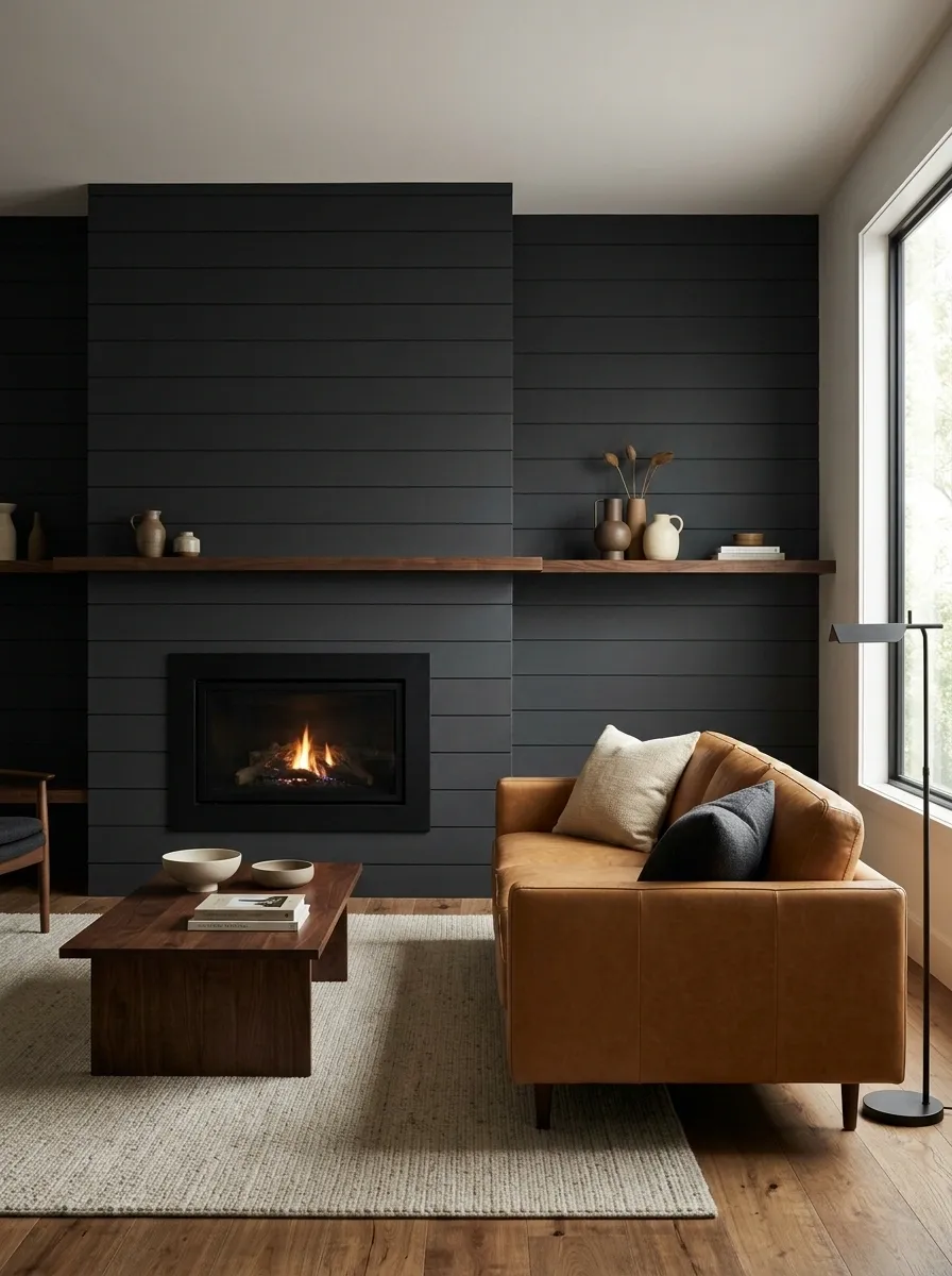 Charcoal Shiplap With Camel Leather and Walnut