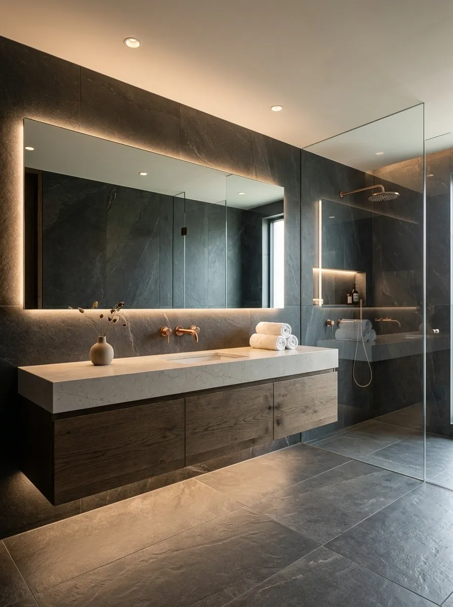 Charcoal Stone Bathroom With Rose Gold Highlights